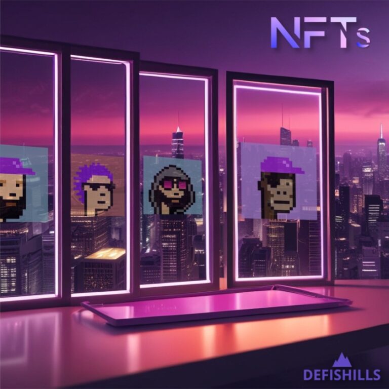 A digital artwork showcases cryptopunks set against a city skyline at sunset, elegantly labeled with "NFT" and "DEFISHILLS.