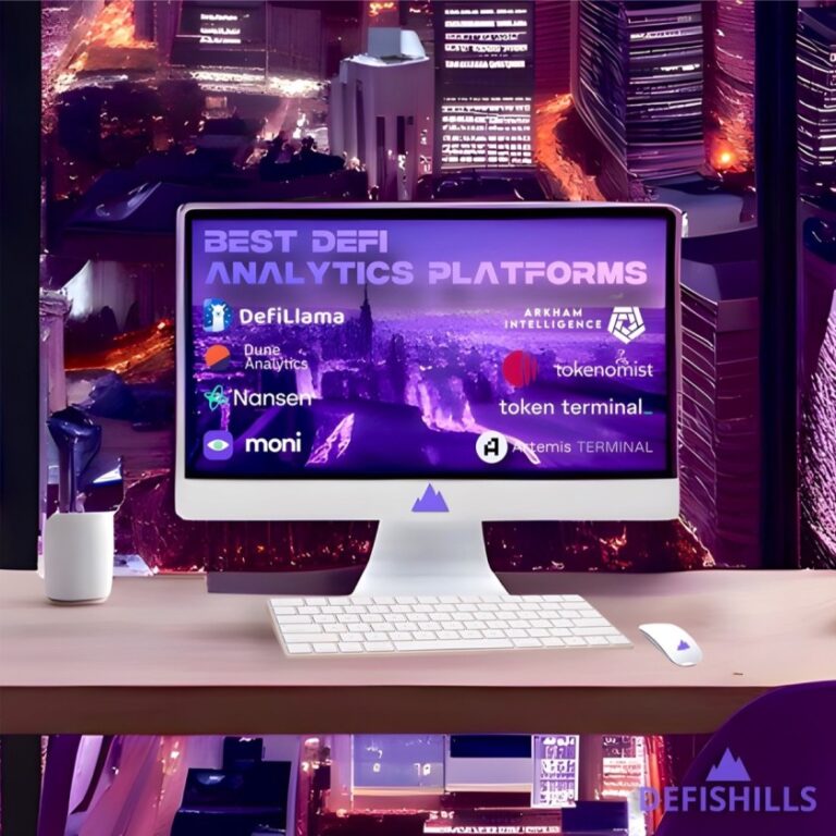 A computer screen showcases "Best DeFi Analytics Platforms," featuring logos from DeFiLlama, Dune Analytics, Nansen, Moni, Arkham Intelligence, Tokenomist, and Token Terminal. A cityscape serves as the backdrop for exploring advanced defi analytics tools.