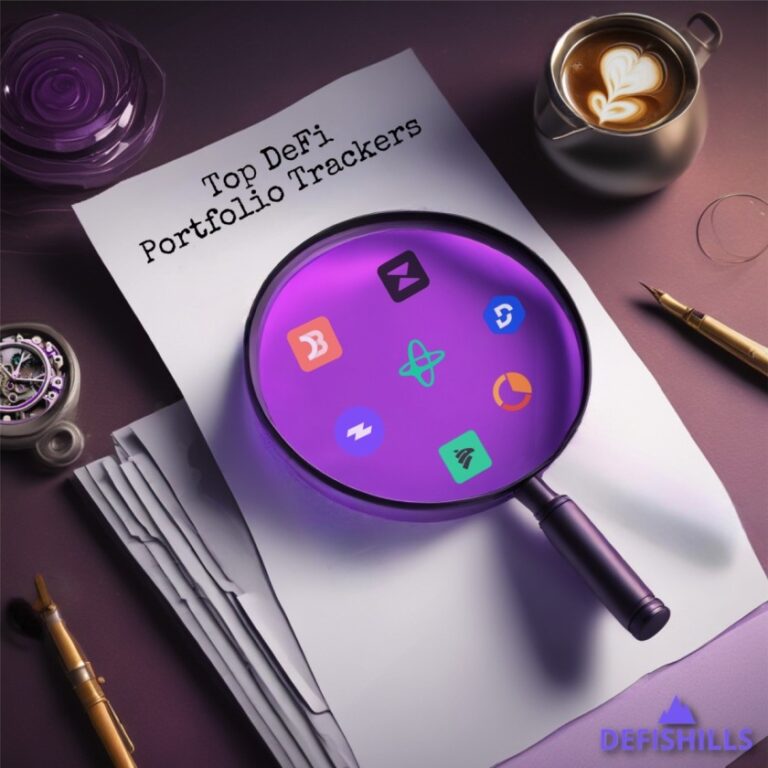 A magnifying glass hovers over a paper marked "Top DeFi Portfolio Trackers," showcasing various logos. Nearby, a cup of coffee and a compass rest on the desk, perfectly complementing your exploration of the best DeFi tools.