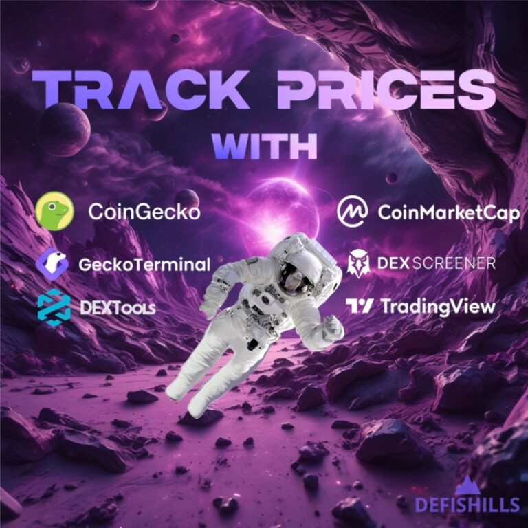 Illustration of an astronaut floating in space, surrounded by logos for CoinGecko, CoinMarketCap, GeckoTerminal, DEX Screener, DEXTools, and TradingView. This cosmic scene is a nod to the future of defi token tracking against a vibrant purple background.