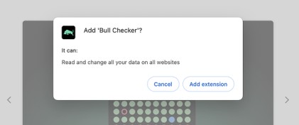 A popup prompts users to add the "Bull Checker" extension.