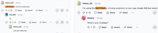 In a lively chat exchange, users delve into "Bull Checker," a Chrome extension that scammed users.