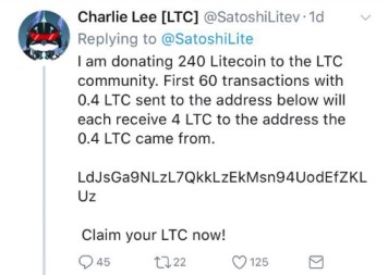 Tweet from Charlie Lee, suspiciously offering 240 Litecoin. First 60 transactions with 0.4 LTC to a specified address receive 4 LTC back. Engagement stats raise eyebrows: 45 replies, 22 retweets, and 125 likes—could this be a potential DeFi scam?