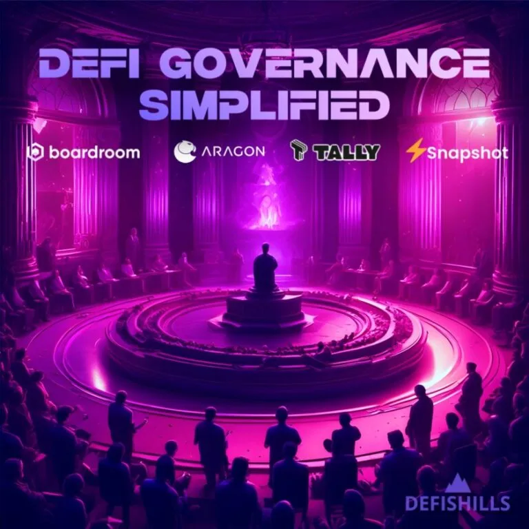 Illustration featuring DeFi governance platforms including Boardroom, Aragon, Tally, and Snapshot, with the tagline 'DeFi Governance Simplified' by DeFiShills.
