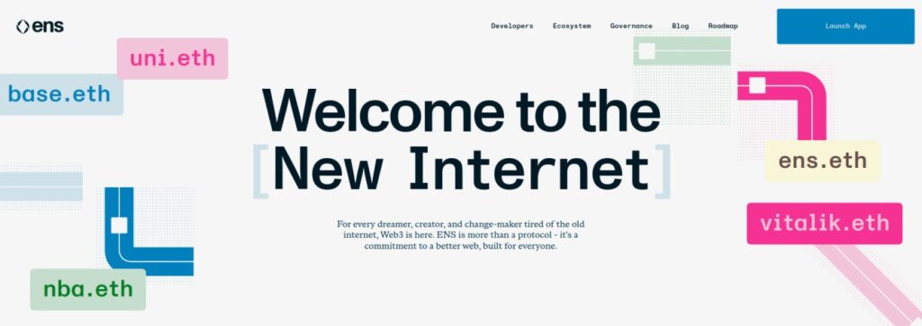 Promotional banner for ENS with the text "Welcome to the [New Internet]: A Safer Space Away from DeFi Scams" featuring domain names like "uni.eth," "nba.eth," "ens.eth," and "vitalik.eth.