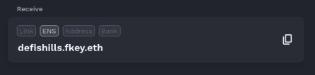 A screen displays "defishills.fkey.eth" as an Ethereum Name Service (ENS) address with a convenient copy option, ensuring users can safely navigate away from potential DeFi scams.