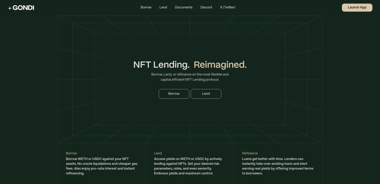 Gondi NFT lending platform homepage with the tagline 'NFT Lending. Reimagined.' displayed over a green grid design. Features options to Borrow or Lend, with descriptions emphasizing flexibility, refinancing, and yield generation.