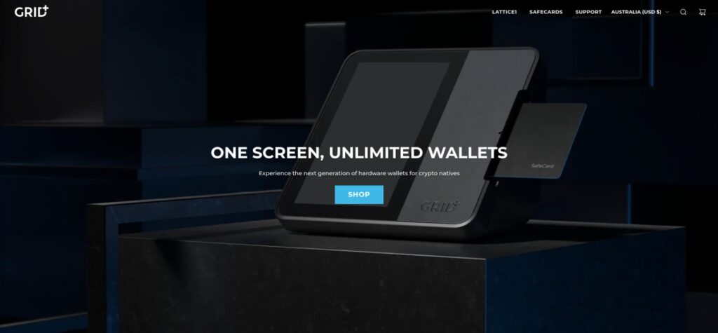 A GRID device with a screen and card slot invites you to explore its secure ecosystem, boasting "One Screen, Unlimited Wallets." Steer clear of DeFi scams while managing your assets. Tap the "Shop" button to discover smart management solutions.