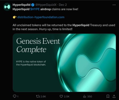 Promotional image for Hyperliquid's SHYPE airdrop event, highlighting a "Genesis Event Complete" message. Unclaimed tokens will revert to the Hyperliquid Treasury.