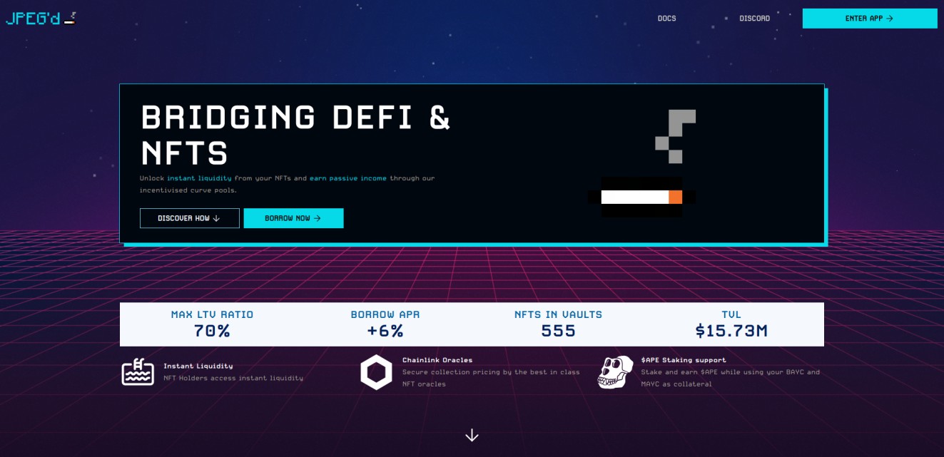 JPEG'd NFT lending platform homepage with a futuristic, neon design. The tagline 'Bridging DeFi & NFTs' highlights instant liquidity, passive income, and staking support for NFTs. Statistics for maximum LTV ratio, borrow APR, and total value locked are displayed.