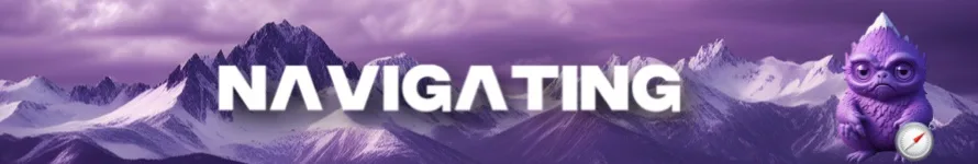 Navigating section of Unleash DeFi guide with a purple mascot holding a compass, emphasizing tools and strategies for managing DeFi dashboards, avoiding scams, and making informed decisions.