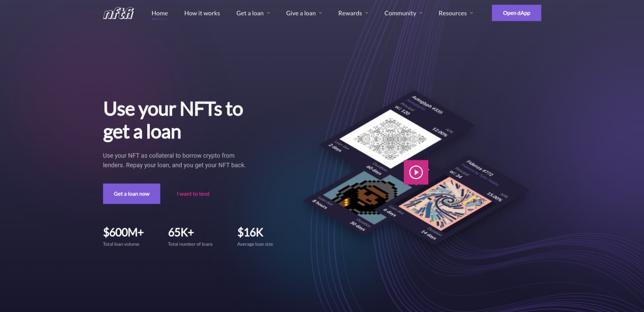 NFTfi homepage with the headline 'Use your NFTs to get a loan' against a purple gradient background. Showcases statistics on total loan volume, number of loans, and average loan size, with a visual representation of NFT loan examples.