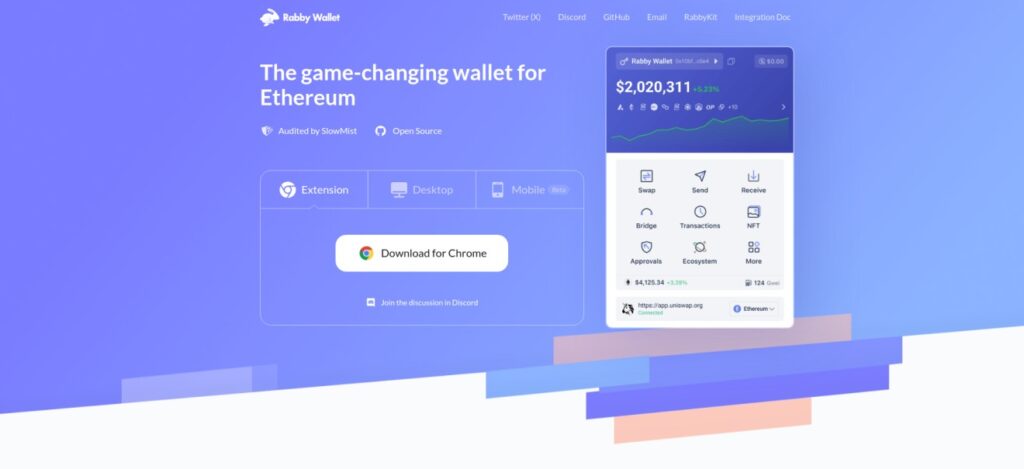 The website interface features Rabby Wallet, a secure cryptocurrency wallet for Ethereum, with a download option for Chrome. It offers a preview of its dashboard displaying balance and transaction options, while also providing protection against DeFi scams.