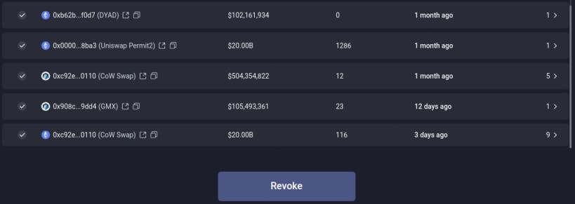 A list of transactions with amounts and dates ranging from 1 month to 3 days ago, designed to help users stay vigilant against potential defi scams, features a "Revoke" button at the bottom for added security.