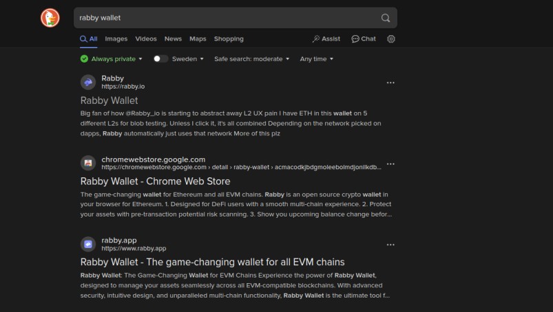 Search results for "Rabby Wallet" reveal website descriptions and links associated with Rabby Wallet, a tool for Ethereum and EVM chains, emphasizing its security features in protecting users from defi scams.