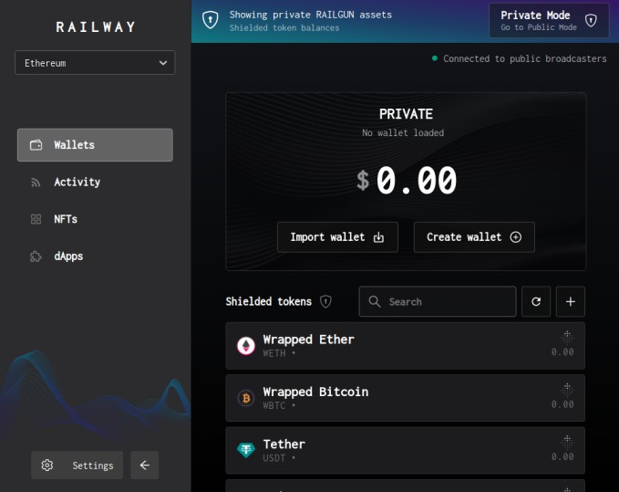 Screenshot of a cryptocurrency wallet interface on the Railway platform. It shows a $0.00 balance, options to import or create a wallet, and lists various shielded tokens like Wrapped Ether—ideal for staying informed about potential DeFi scams.