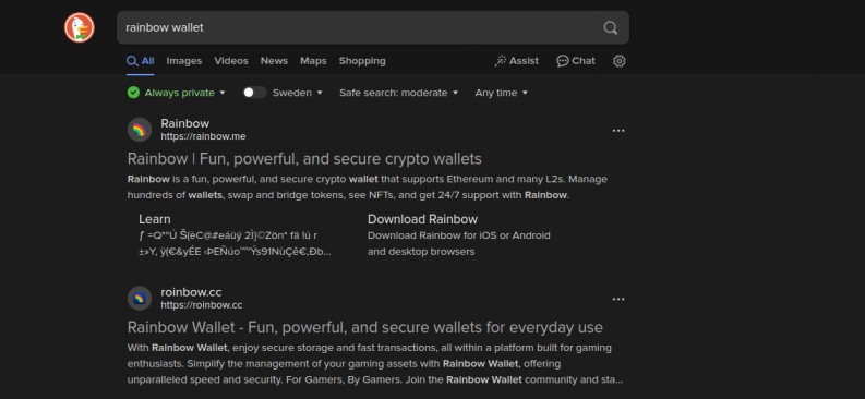 Search results page for "rainbow wallet" highlighting links related to the wallet's features and download options, while also offering tips on how to stay secure and avoid DeFi scams.