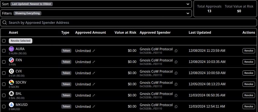 A dashboard displaying tokens with details such as type, approved amount, value at risk, and approved spender. Stay vigilant against DeFi scams by tracking the last updated date and easily take actions like revoking permissions to protect your assets.