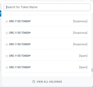 A list of tokens titled "ERC-1155 TOKEN*" with labels "Suspicious" and "Spam," hinting at potential defi scams, is displayed. A search bar sits above to filter results, and a "View All Holdings" button invites further exploration.