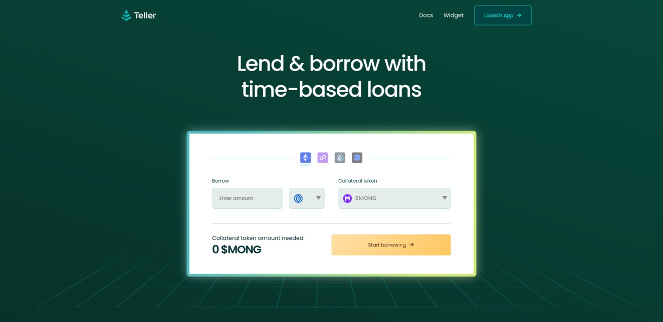 Teller homepage showcasing a clean green design with a lending and borrowing interface. The tagline 'Lend & borrow with time-based loans' is displayed above a simple form for entering borrow amounts and selecting collateral tokens.