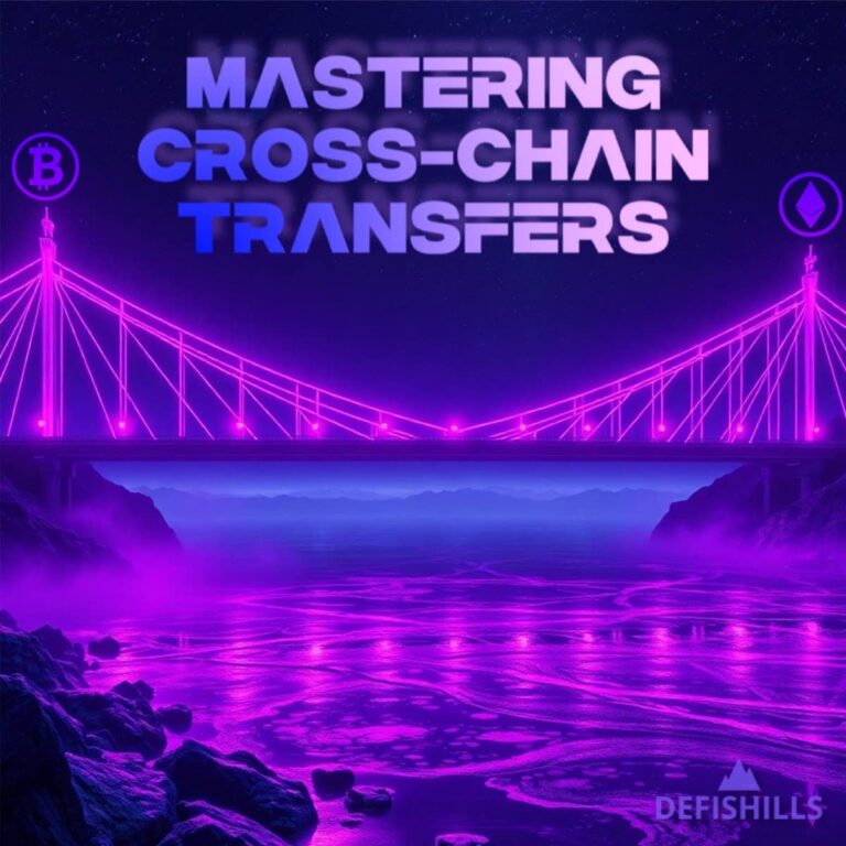 Futuristic neon illustration of a glowing bridge symbolizing cross-chain bridges, with Bitcoin and Ethereum logos on each side and the title 'Mastering Cross-Chain Transfers' — visualizing blockchain interoperability across networks.