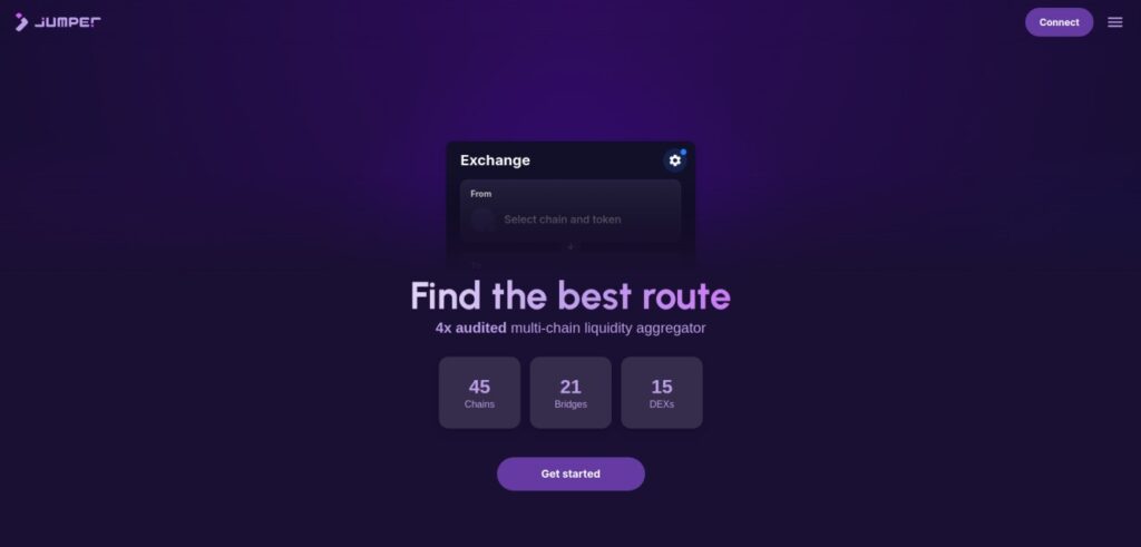 Screenshot of Jumper Exchange homepage showing cross-chain aggregator statistics and route finder UI.