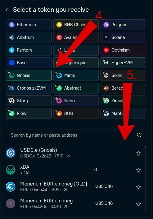 Step 4–5: Select the destination chain (e.g., Gnosis) and choose the asset to receive (e.g., USDC.e).