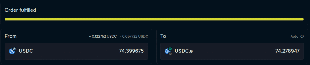 Post-Transfer: Confirmation screen showing the USDC transfer completed from Arbitrum to Gnosis Chain via deBridge, with the transaction marked as 'Order fulfilled'.