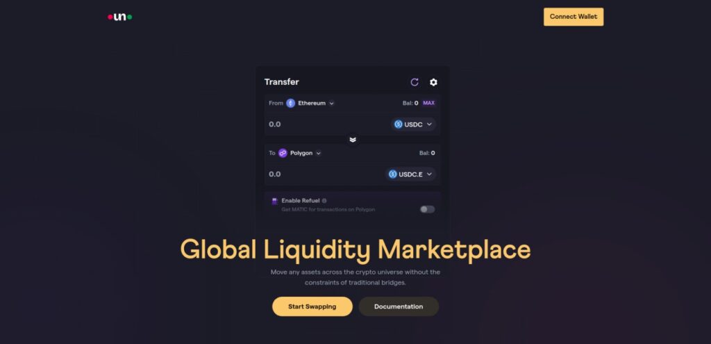 Bungee Exchange homepage highlighting global liquidity marketplace for cross-chain swaps.