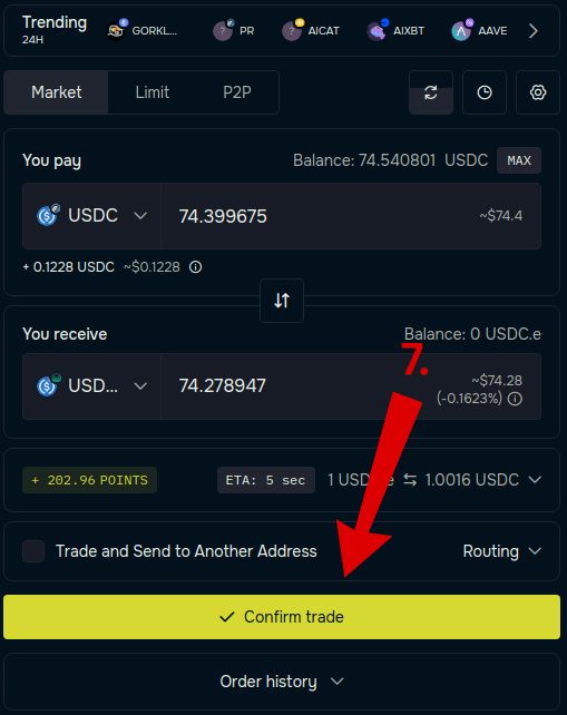 Step 7: Click 'Confirm trade' to initiate the bridge transaction on deBridge.