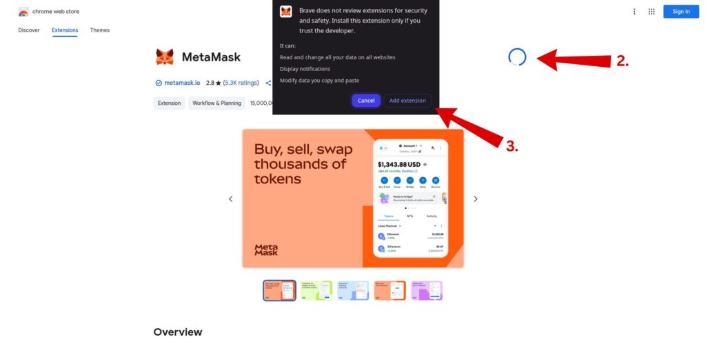 Browser extension permissions prompt while adding MetaMask to Brave or Chrome.