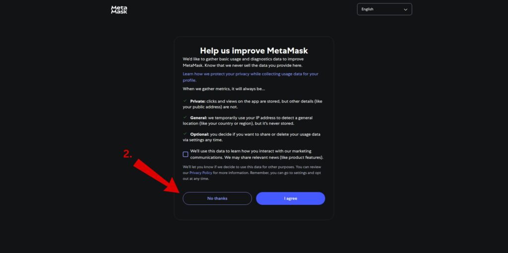 MetaMask privacy preferences screen with option to opt-out of data collection.
