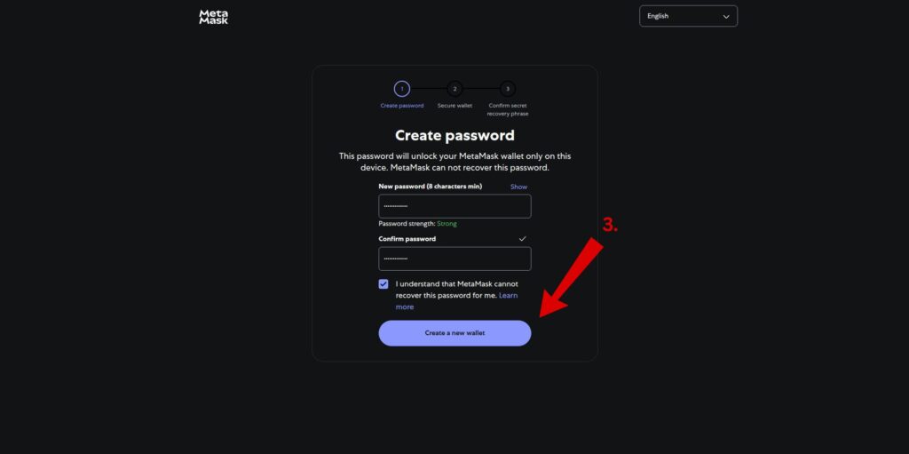Create a strong password screen during MetaMask wallet setup.