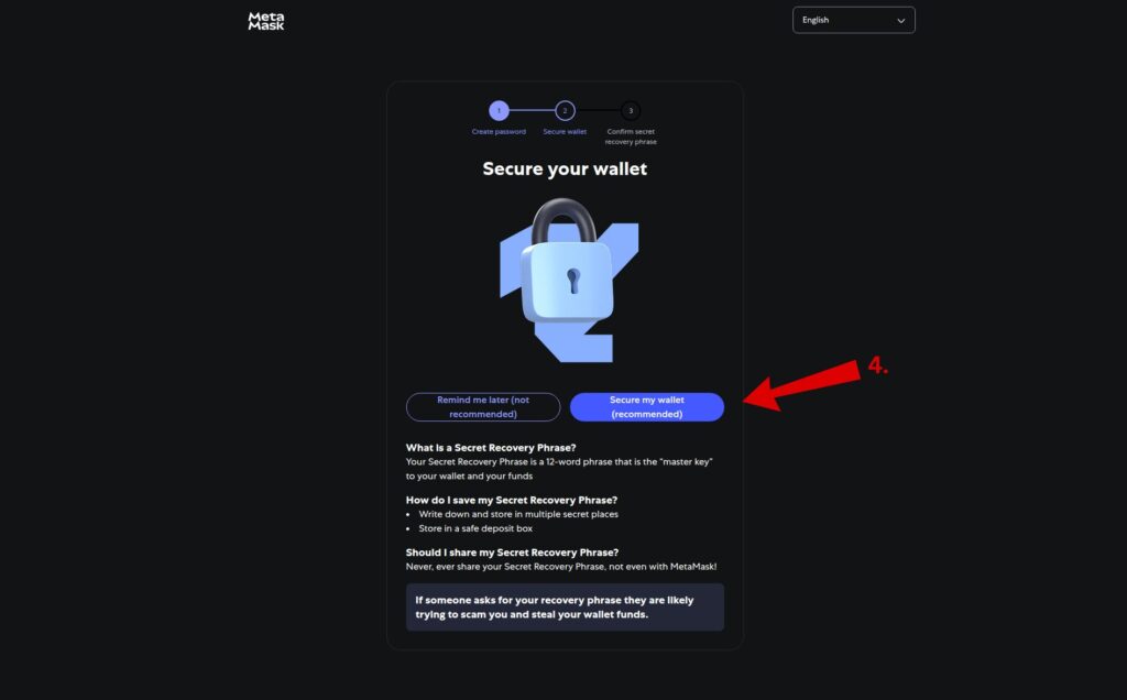 Prompt to secure MetaMask wallet by backing up the Secret Recovery Phrase.