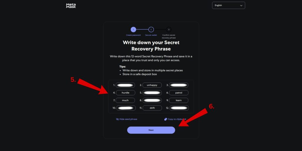 MetaMask displaying 12-word Secret Recovery Phrase for user to write down.