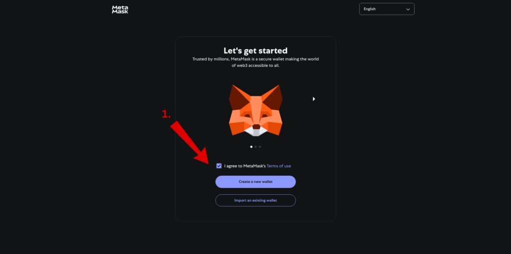 MetaMask welcome screen with checkbox to accept terms and create a new wallet.