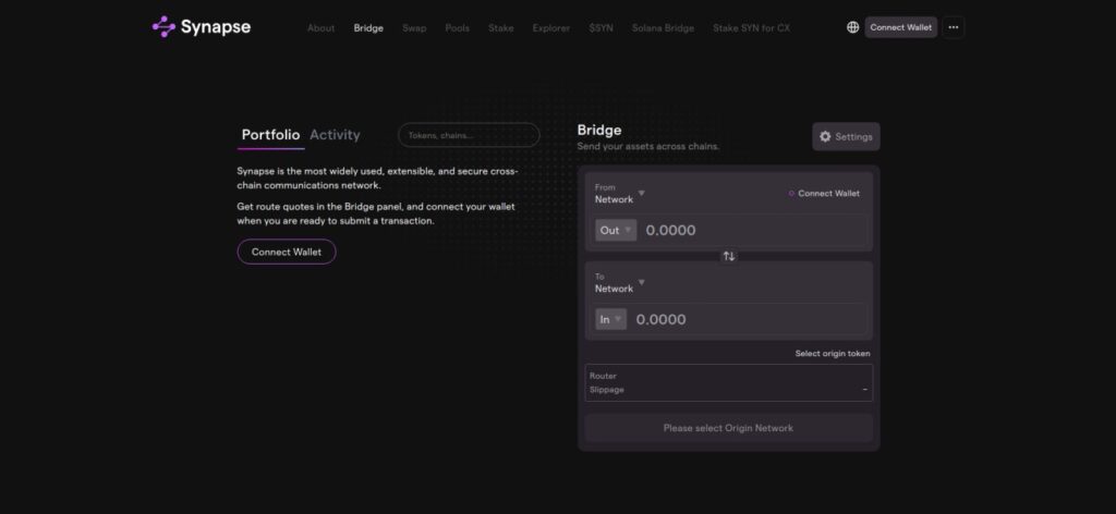 Synapse Protocol bridge interface with wallet connection prompt and network selector.