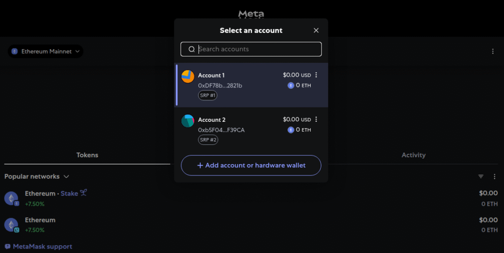 MetaMask account selector showing multiple wallets imported with different seed phrases