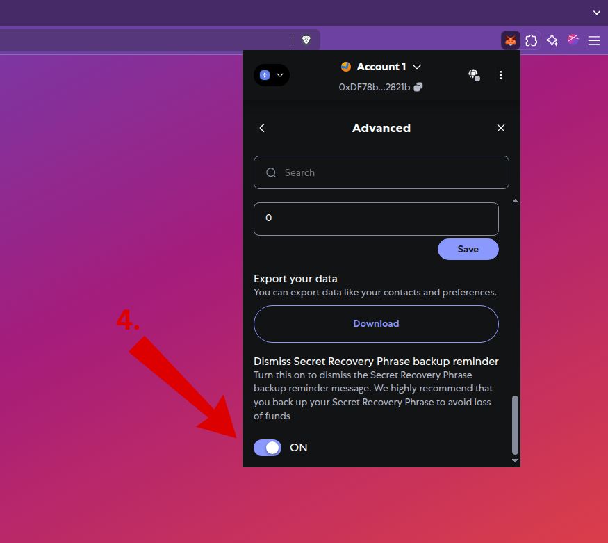 Dismissing the backup reminder in MetaMask's advanced settings.