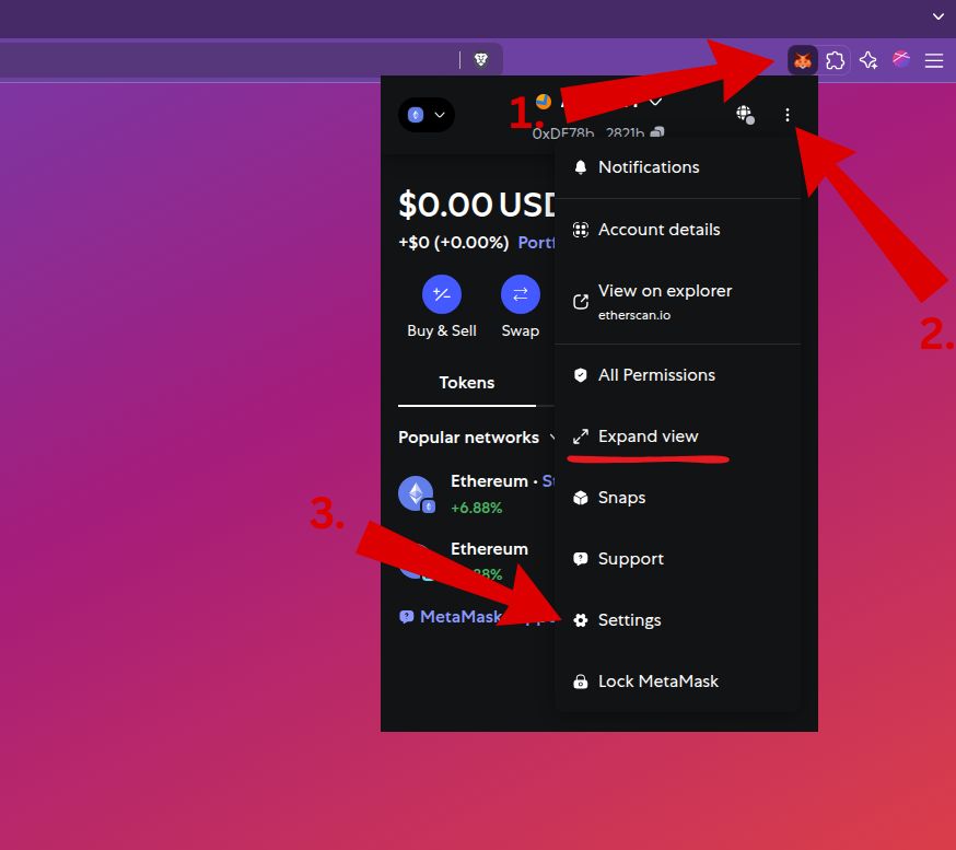 Opening MetaMask settings from the account dropdown in the extension menu.