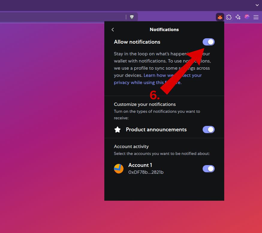 Enabling wallet notifications for MetaMask to receive activity alerts.