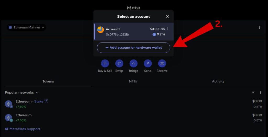 MetaMask account dropdown showing option to add a new wallet or hardware device