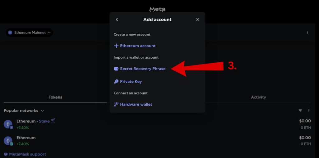 MetaMask interface with highlighted button to import wallet using Secret Recovery Phrase