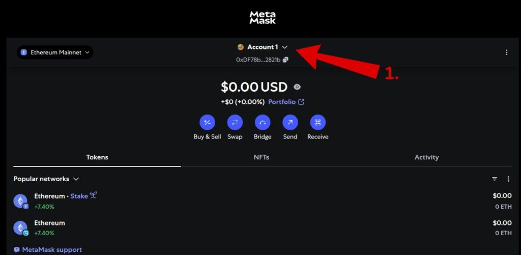 MetaMask main screen highlighting the account name dropdown for accessing wallet import and account options