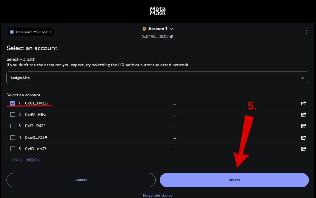 Step 3: Select your Ethereum account from the Ledger device and click Unlock.