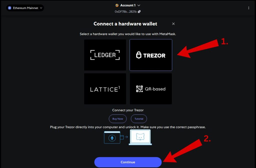 Select Trezor as the hardware wallet to connect with MetaMask extension interface