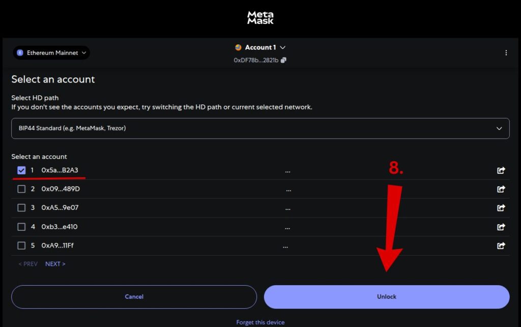 Choose Ethereum account from Trezor to unlock and import into MetaMask