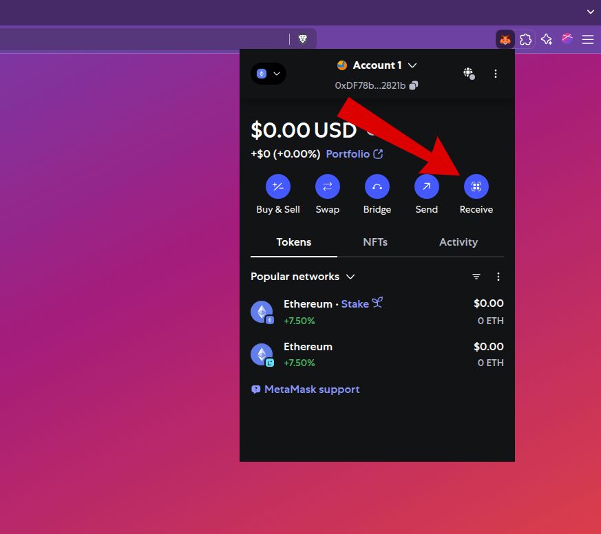 MetaMask interface with red arrow pointing to Receive button for viewing wallet address and QR code