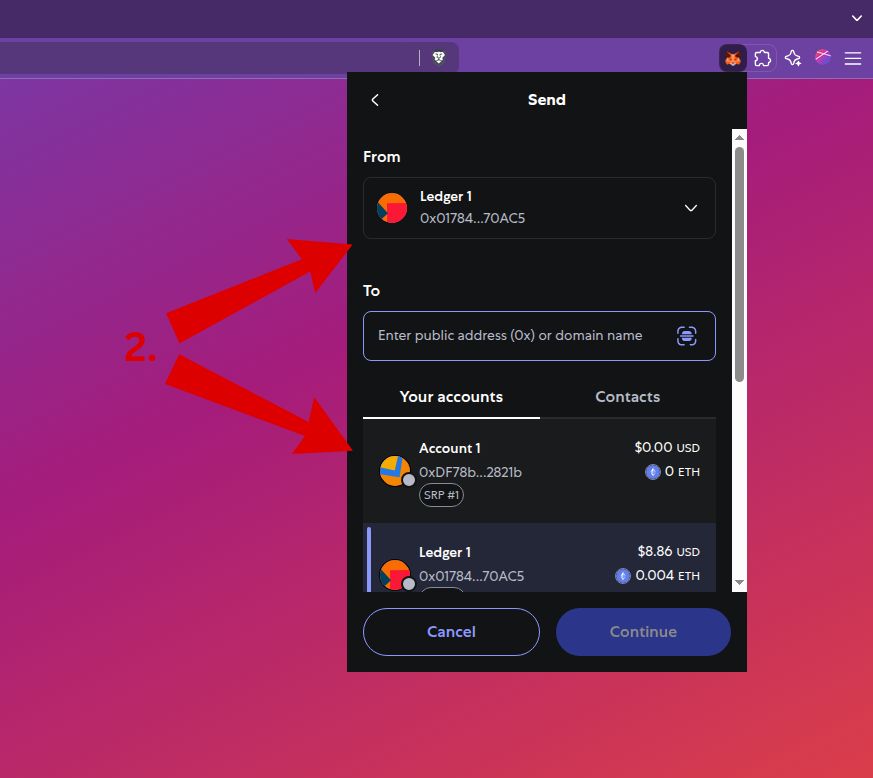 In the To field, enter the recipient's address. You can also select from your saved accounts. In this example, we're sending from Ledger 1 to Account 1.