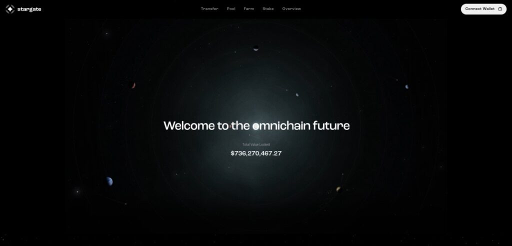 Stargate Finance homepage featuring TVL stats and “Welcome to the omnichain future” headline.